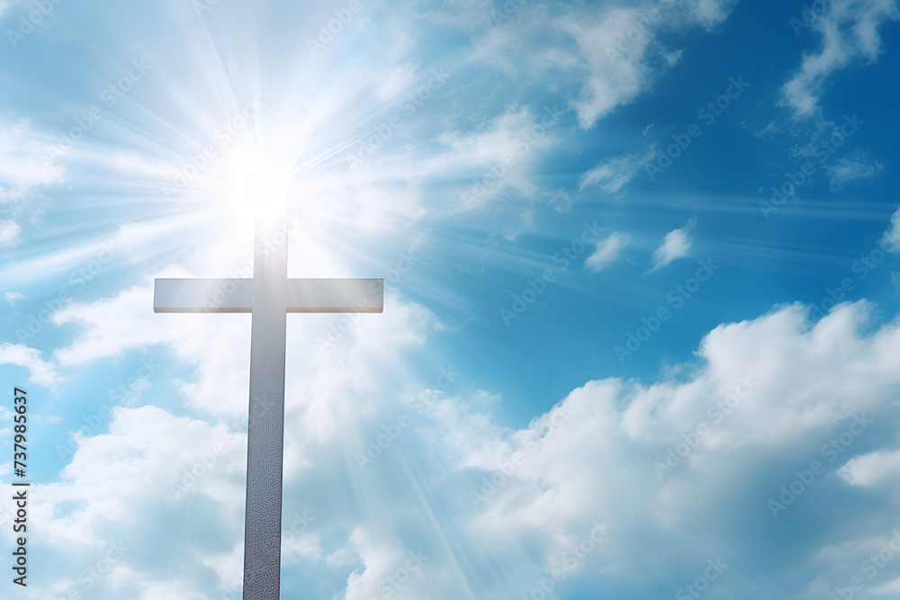 Radiant cross in the sky with clouds, concept of Easter and Good Friday, symbol of faith in Jesus Christ salvation and eternal life, beautiful christian banner, space for text