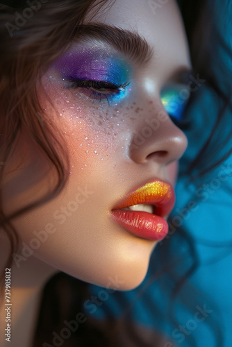 Close up of beautiful female face with vibrant fashion makeup.