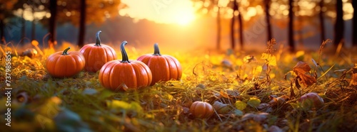 pumpkins on green grass, pumpkins that are ready to be harvested in the blurry light of the rising sun photo