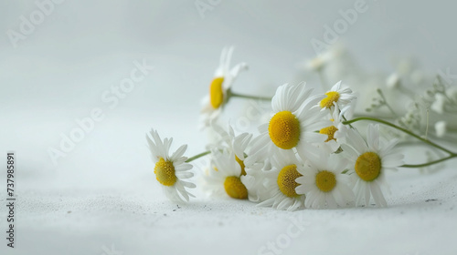 Immerse yourself in the purity of a chamomile daisy bouquet displayed in a minimalistic still life