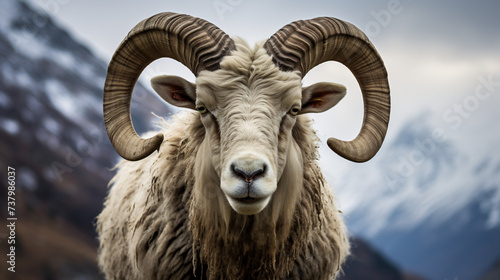 Sheep with big horns putting up ridiculous face