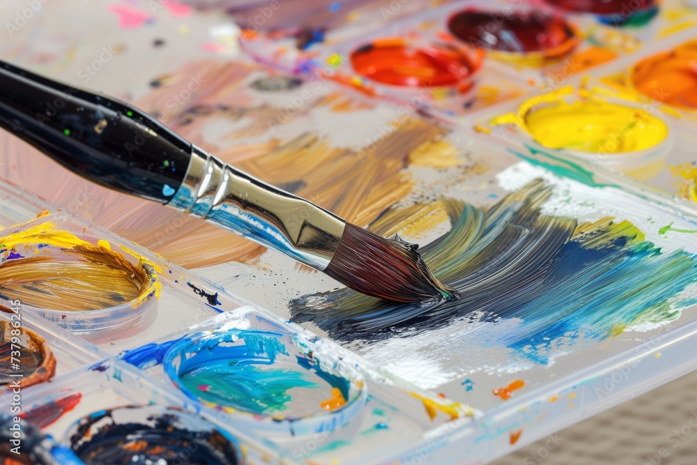 Obraz premium closeup of plastic palette with acrylics being blended by a brush