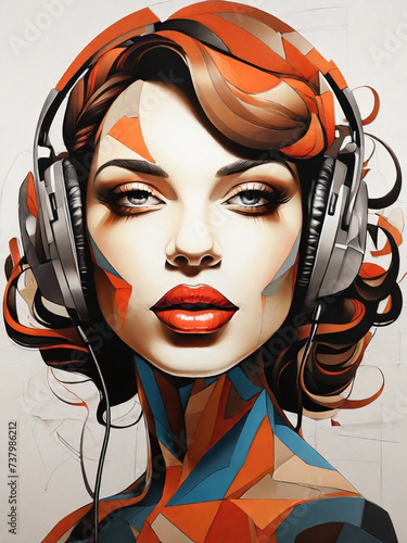 Portrait of lady listening to music, with headphones, cubic style, 3 colors, white background