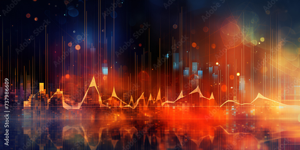 Abstract blurred bokeh effect with stock market charts and banking related imagery in vibrant colors
