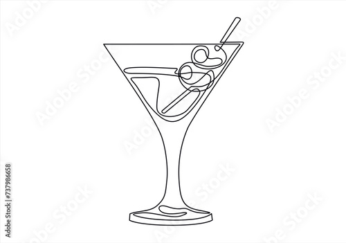 One line continuous cocktail wine glass symbol concept. Silhouette of alcoholic drink vermouth olive. Digital white single line sketch drawing vector illustration