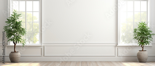 White wall mockup of bright empty room with window, flower pots and plants created with Generative AI Technology photo