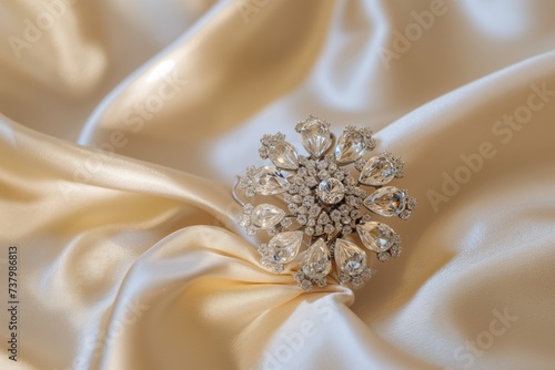 zircon brooch on creamcolored silk, elegantly spotlighted photo