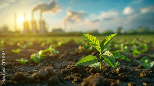 A green sprout grows out of the ground against the background of an oil and gas processing plant
