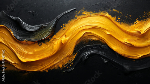 Abstract yellow black acrylic painted fluted 3d painting texture luxury background banner on canvas - Yellow waves swirls. Decor concept. Wallpaper concept. Art concept. 3d concept. photo