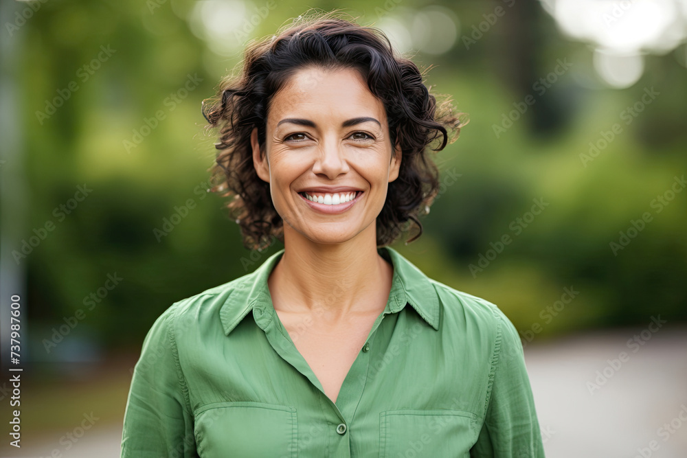 portrait of caucasian middle-aged woman with short hair smiling on a light green background portrait of caucasian middle-aged woman with short hair smiling on a light green background