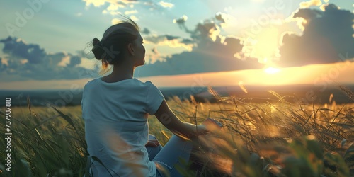 Fotobehang Finding Serenity: A Woman's Tranquil Evening in a Meadow at Sunset