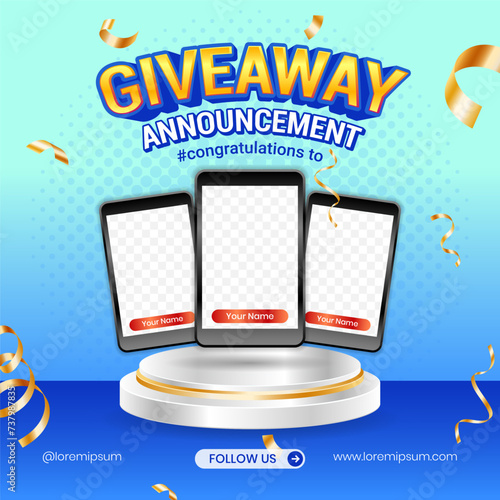 Giveaway winner announcement social media post banner template with 3d element