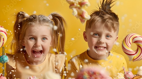 Joyful children in a candy wonderland  vibrant colors evoke happiness. perfect for party themes. captivating and sweet. AI