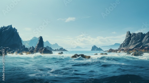 A Body of Water Surrounded by Rocks Under a Blue Sky