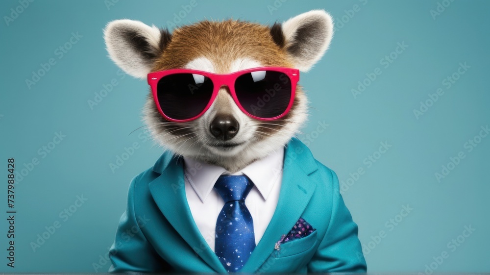 Cool looking animal wearing funky fashion dress - jacket, tie, sunglasses, plain colour background, stylish animal posing as supermodel. generative, AI