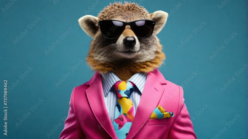 Cool looking animal wearing funky fashion dress - jacket, tie, sunglasses, plain colour background, stylish animal posing as supermodel. generative, AI