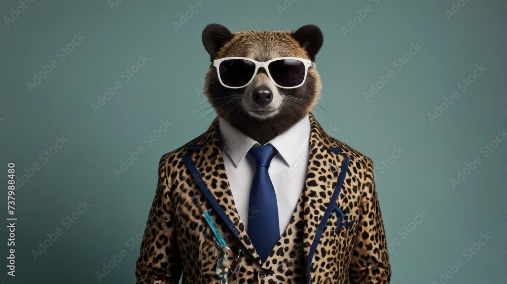 Cool looking animal wearing funky fashion dress - jacket, tie, sunglasses, plain colour background, stylish animal posing as supermodel. generative, AI