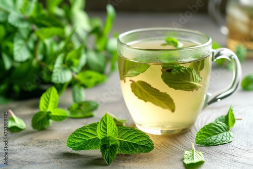 peppermint tea in a mug with fresh peppermint leaves on table