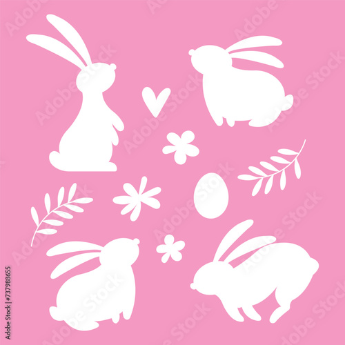 easter vector silhouette shapes set with bunnies, egg, flowers and greenery. spring christian holiday white illustrations
