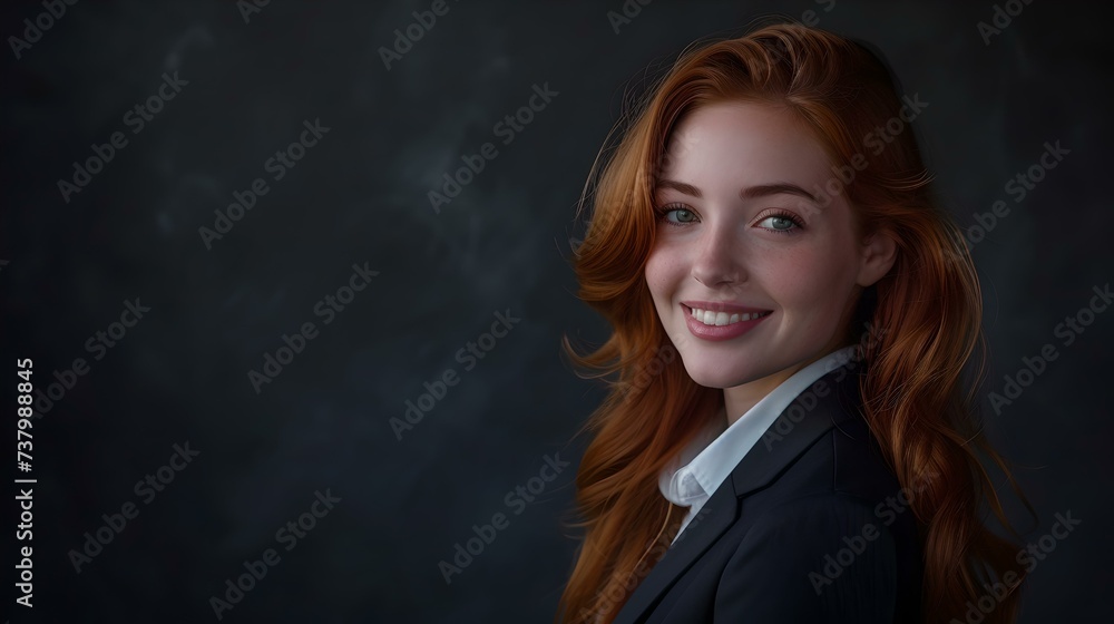 Smiling young woman with red hair in a professional dark blazer. studio portrait on a dark background. friendly and confident demeanor. perfect for corporate profiles. AI Smiling young woman with red hair in a professional dark blazer. studio portrait on a dark background. friendly and confident demeanor. perfect for corporate profiles. AI