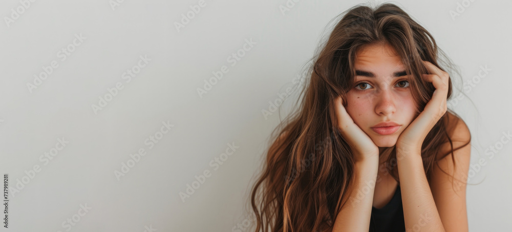 A young beautiful cute teenage girl is sad, holds her head with her hands and looks sadly at the camera. Banner. Place for text. Melancholy mood. Teenage crisis. thoughtfulness A young beautiful cute teenage girl is sad, holds her head with her hands and looks sadly at the camera. Banner. Place for text. Melancholy mood. Teenage crisis. thoughtfulness