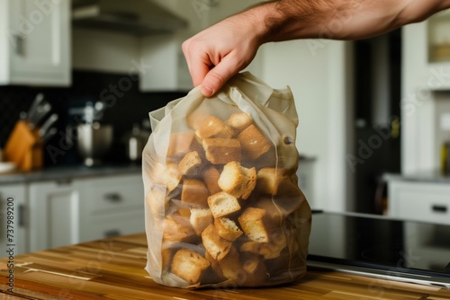 hand reaching into a bag of croutons with a kitchen in the background