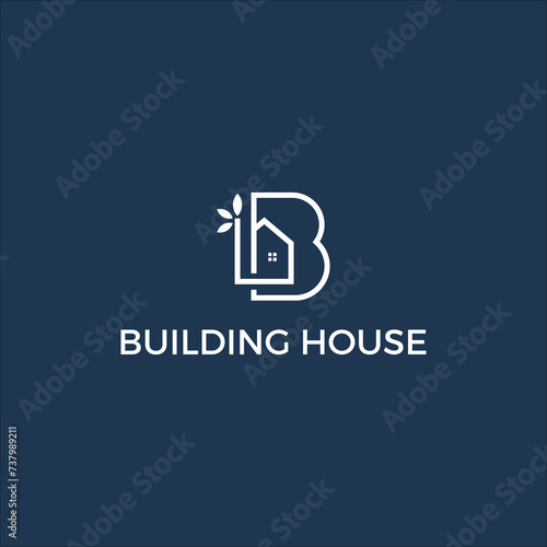 line art initial B and house leaves Building House logo vector