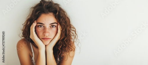 A young beautiful cute teenage girl is sad, holds her head with her hands and looks sadly at the camera. Banner. Place for text. Melancholy mood. Teenage crisis. thoughtfulness