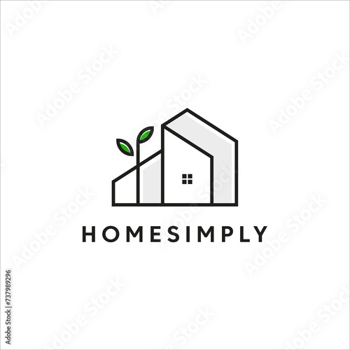 line art house and tree minimalist logo vector