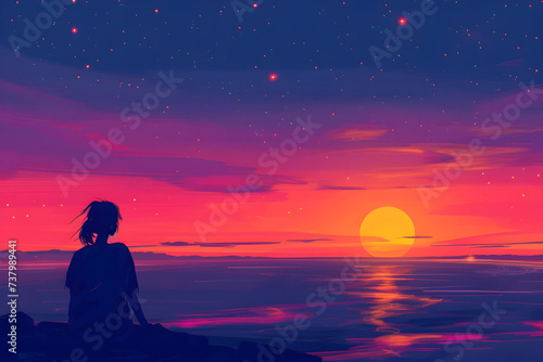 a woman is sitting on the beach watching the sunset over the ocean
