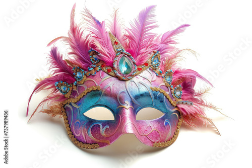 pink carnival mask with feathers on a white background