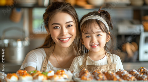 Smilling mom and child enjoy love relation cudding hobby moment in kitchen sunday morning at hime mother and daughter helping prepare breakfast for her mom in modern white kitchen at home .