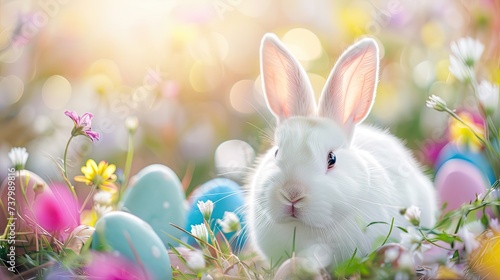 Portrait of a white bunny on blurred pastel colors flowers background with decorated easter eggs
