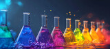 banner of Neon, contrast flasks on the table in laboratory. luminophore, bright solutions. Science & Research Concept