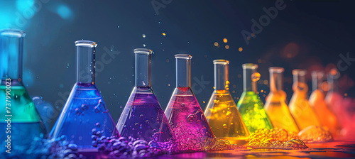 banner of Neon, contrast flasks on the table in laboratory. luminophore, bright solutions. Science & Research Concept photo