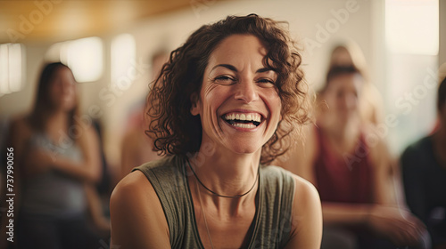 smiling woman in yoga class with people around calm tranquility atmosphere with golden light in the morning  created with Generative AI Technology