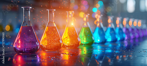 banner of Neon, contrast flasks on the table in laboratory. luminophore. Science & Research Concept