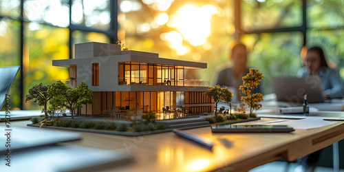 Real estate brokers and company presidents gathered to select a model for building a residential development. Enhance visual appeal with sun glow and bokeh blur effects. photo