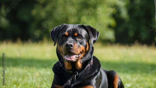 young Rottweiler sits on a summer green