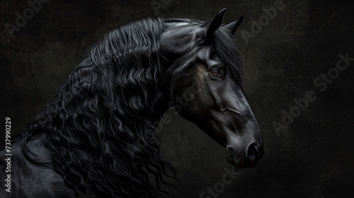 Friesian horses in profile on black background