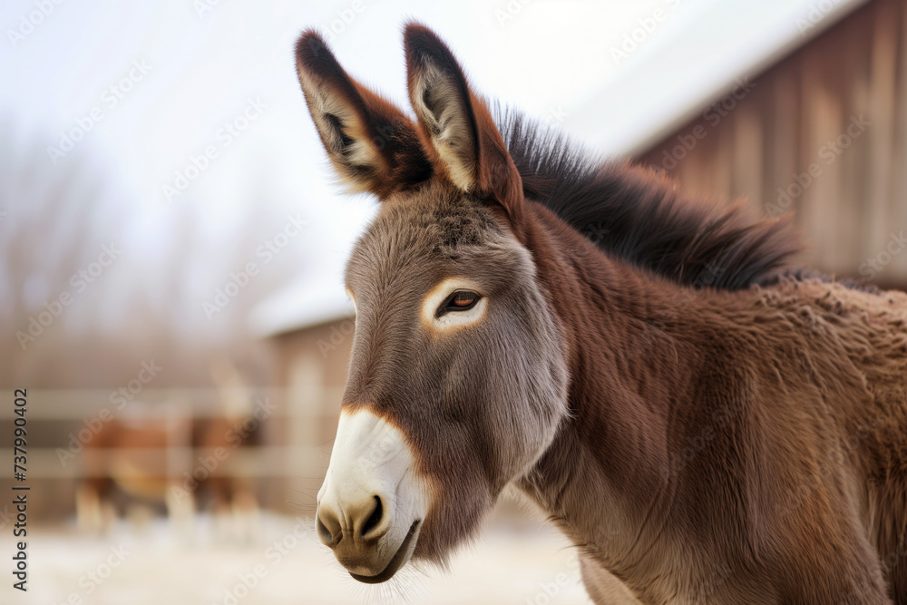 closeup of a donkeys face with a barn backdrop