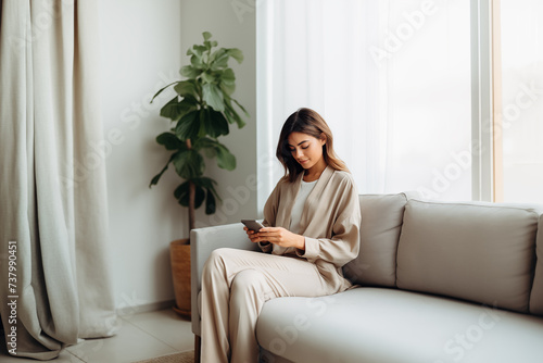 A woman holds a mobile phone in her hands.