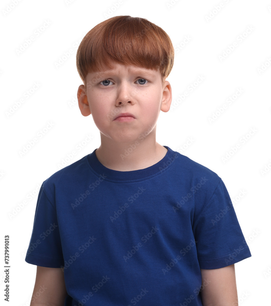Portrait of sad little boy on white background Portrait of sad little boy on white background