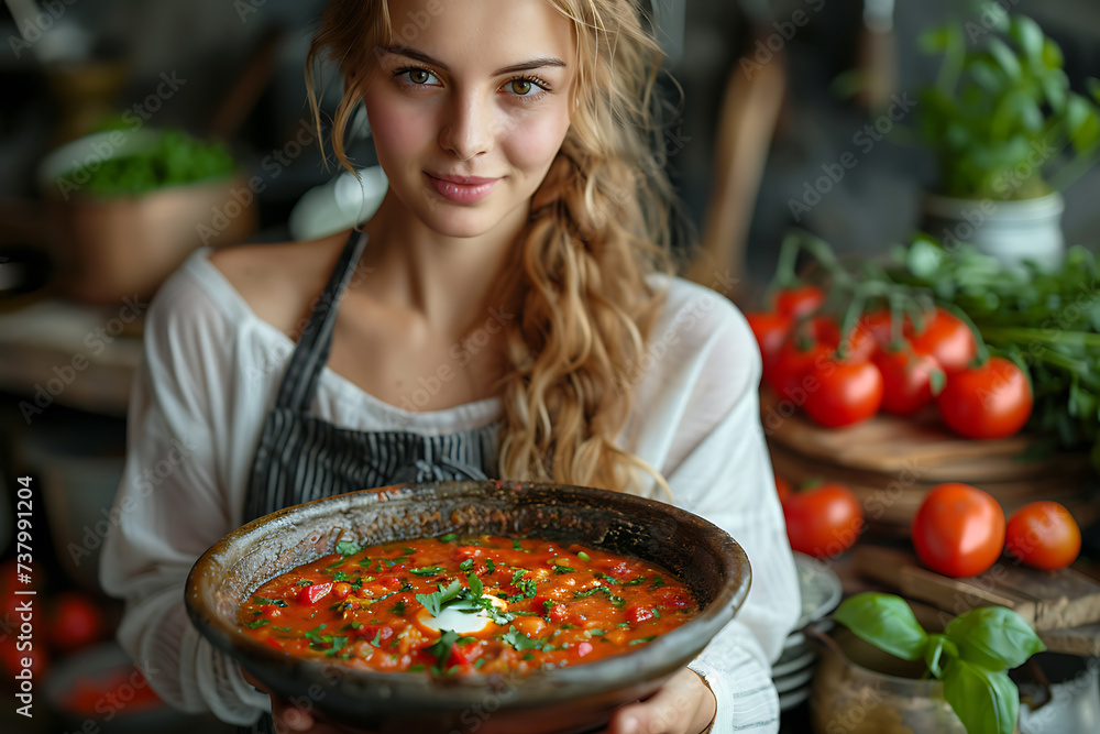the girl cooks traditional Ukrainian borscht with sour cream in a beautiful modern kitchen
