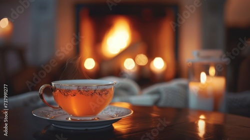 A cup of tea, warm light from candles, against the backdrop of a fireplace. The concept of quiet luxury.