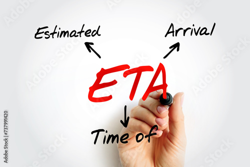 ETA Estimated Time of Arrival - time when a ship, vehicle, aircraft, cargo, emergency service, or person is expected to arrive at a certain place, acronym text concept background
