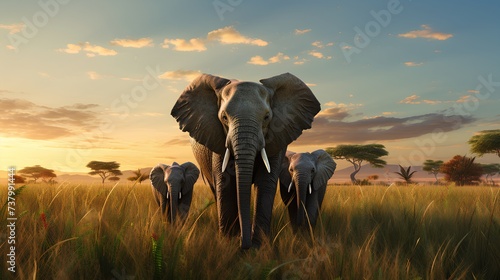 Elephants and baby elephants walking in the grassland under the sunset.
