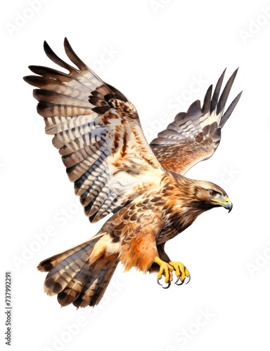 Watercolor illustration of a flying hawk bird isolated on white background.