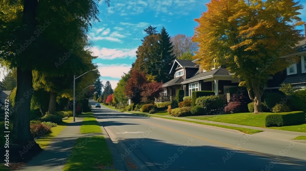 Neighbourhood of luxury houses with street road, big trees and nice landscape in Vancouver, Canada. Blue sky.