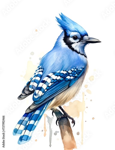 Watercolor illustration of a blue jay bird perched on a branch isolated on white background.